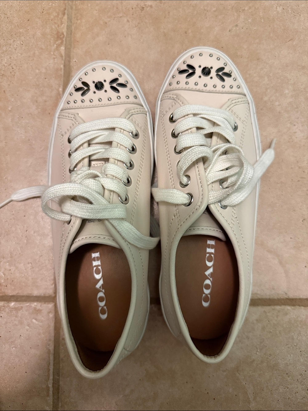 Coach Ivory Leather Lace-Up Sneakers with Stud Accents